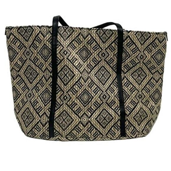 Woven Straw Geometric Tote Black/Tan - Picture 2 of 7